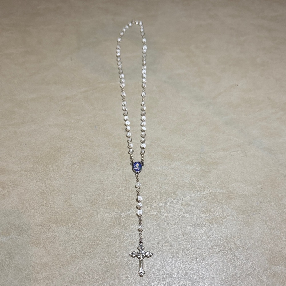 Hirten Elegant White Glass Bead Silver Rosary 15.5"